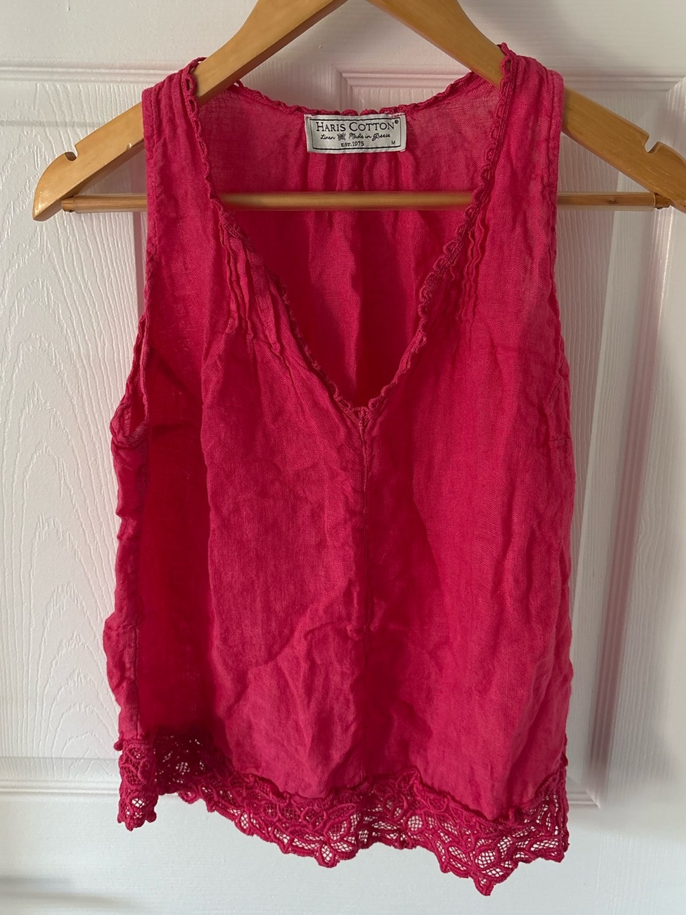 Haris Cotton Greece Pink Linen Lace Trim Sleeveless V-Neck Tank Top M